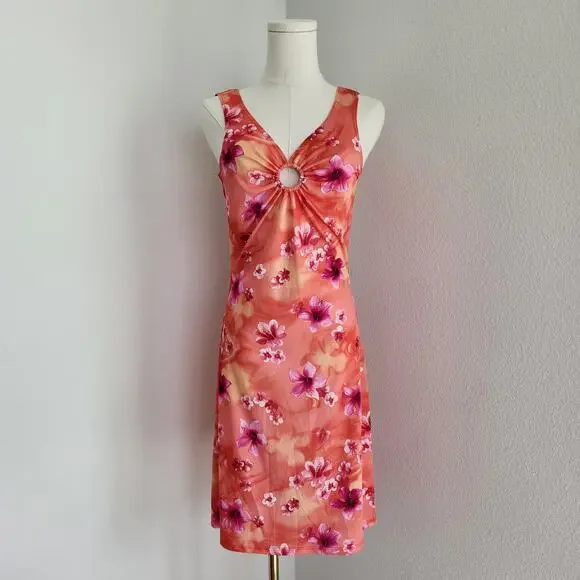 Y2K Orange Pink Floral Ring Front Sleeveless Mini Dress Vintage Tropical XS - Picture 8 of 8